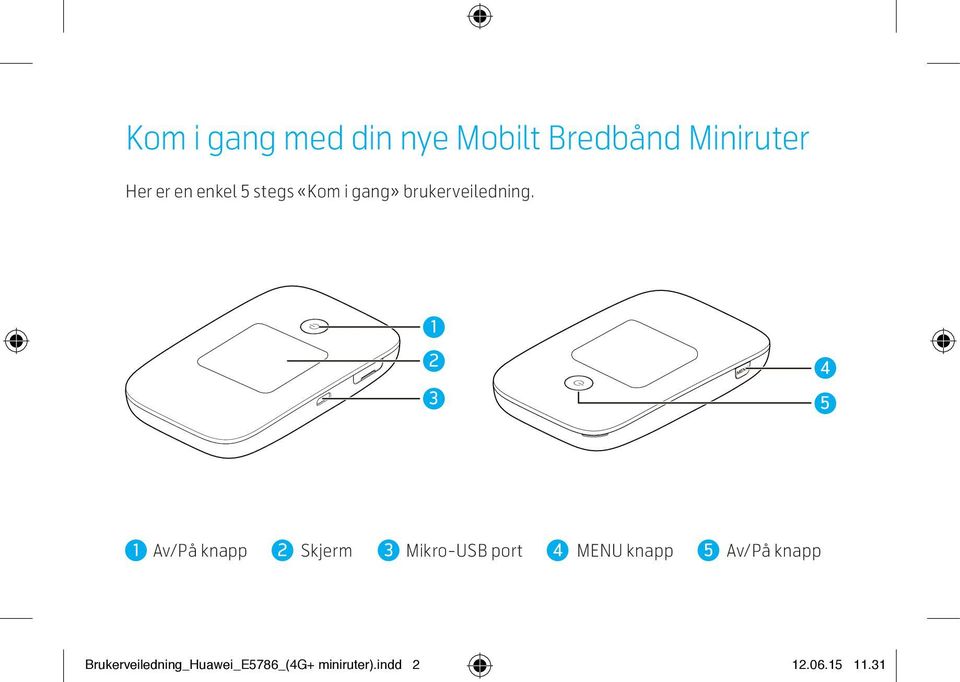 1 2 3 4 5 1 Av/På knapp 2 Skjerm 3 Mikro-USB port 4 MENU