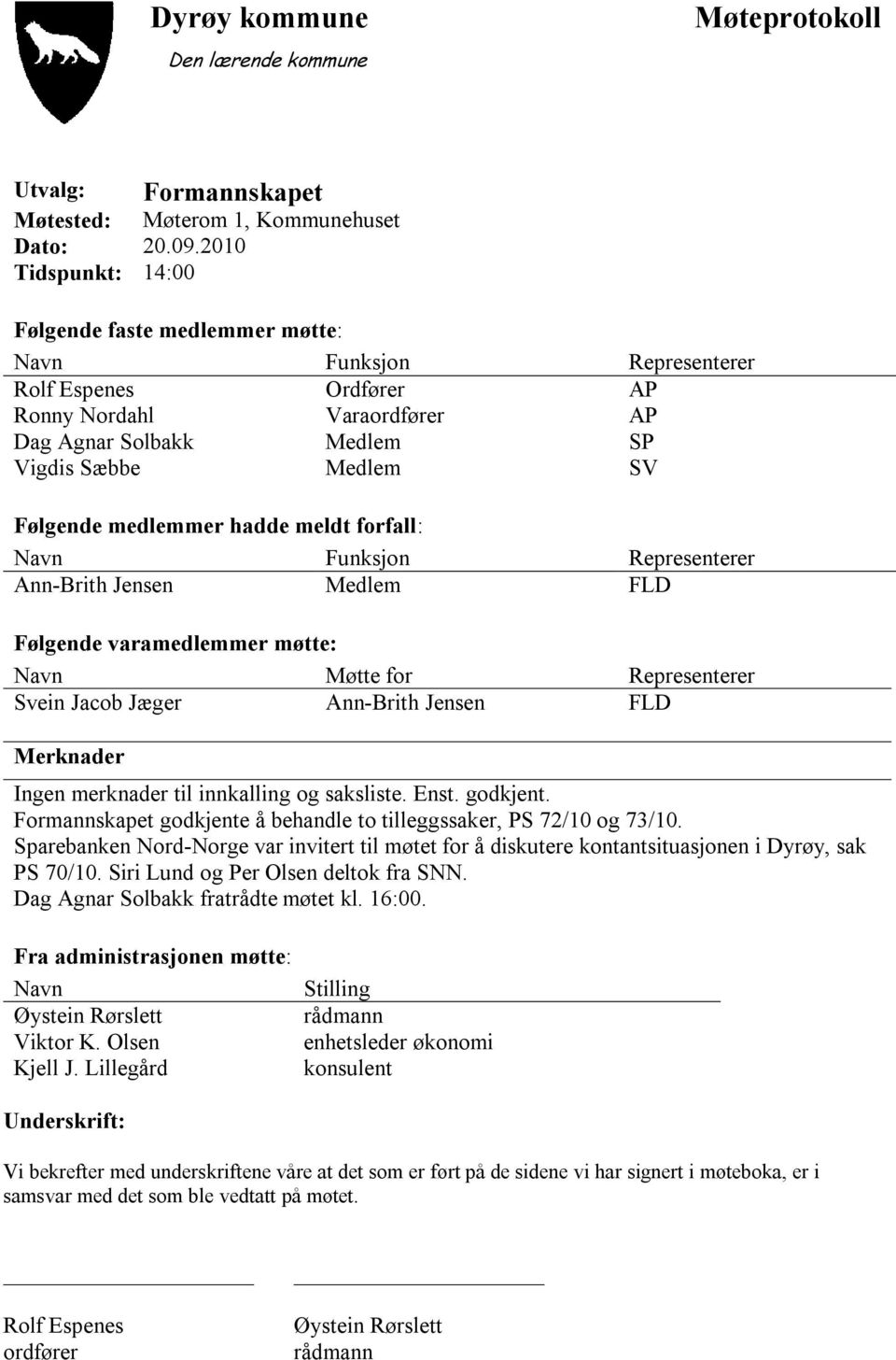 medlemmer hadde meldt forfall: Navn Funksjon Representerer Ann-Brith Jensen Medlem FLD Følgende varamedlemmer møtte: Navn Møtte for Representerer Svein Jacob Jæger Ann-Brith Jensen FLD Merknader