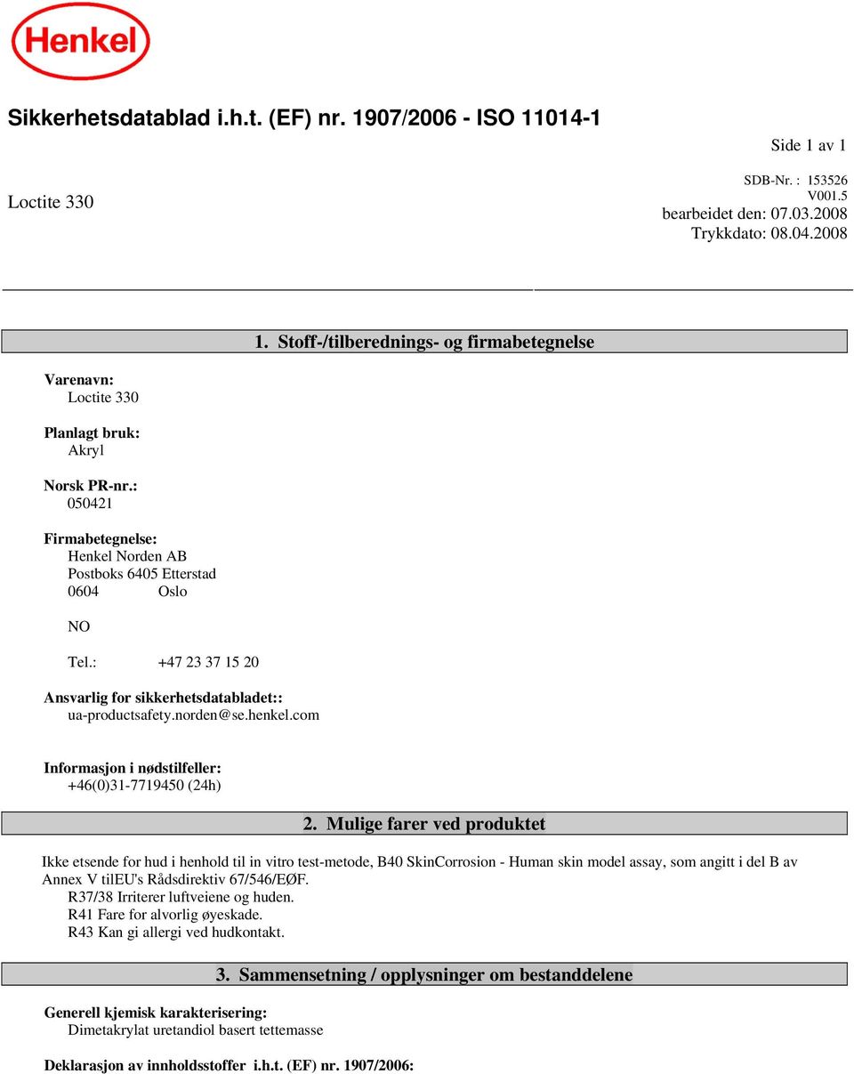 : +47 23 37 15 20 Ansvarlig for sikkerhetsdatabladet:: ua-productsafety.norden@se.henkel.com Informasjon i nødstilfeller: +46(0)31-7719450 (24h) 2.