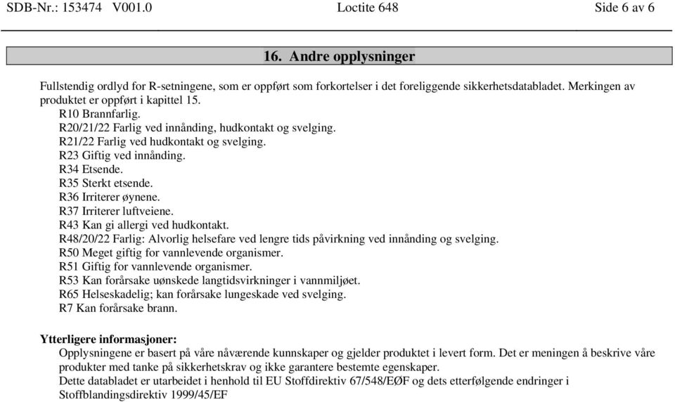 R34 Etsende. R35 Sterkt etsende. R36 Irriterer øynene. R37 Irriterer luftveiene. R43 Kan gi allergi ved hudkontakt.