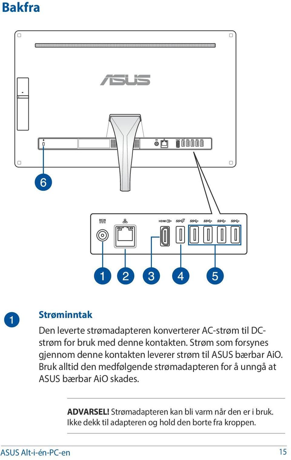 Bruk alltid den medfølgende strømadapteren for å unngå at ASUS bærbar AiO skades. ADVARSEL!