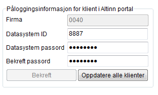 6. Under Påloggingsinformasjon for klient i Altinn portal oppgir du ID og passord som lønnssystemet skal benytte ved innsendelse for denne klienten.