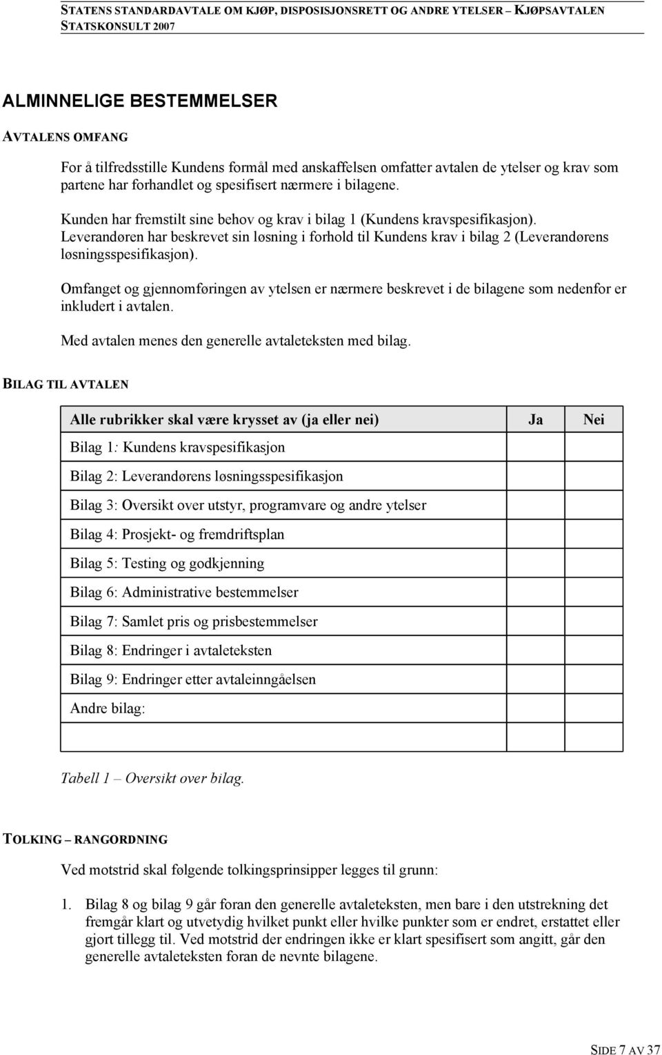 Omfanget og gjennomføringen av ytelsen er nærmere beskrevet i de bilagene som nedenfor er inkludert i avtalen. Med avtalen menes den generelle avtaleteksten med bilag.