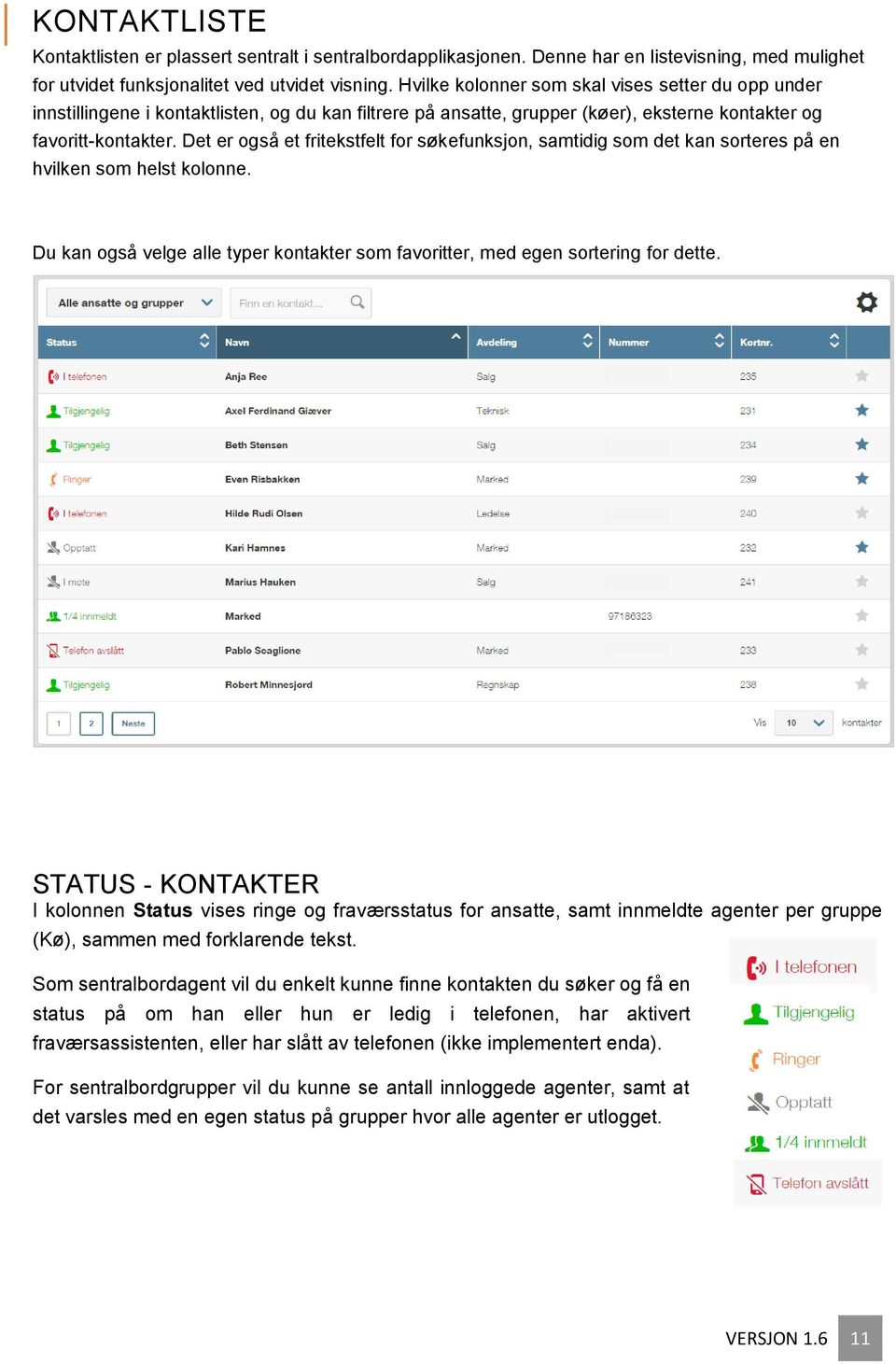 Det er også et fritekstfelt for søkefunksjon, samtidig som det kan sorteres på en hvilken som helst kolonne. Du kan også velge alle typer kontakter som favoritter, med egen sortering for dette.