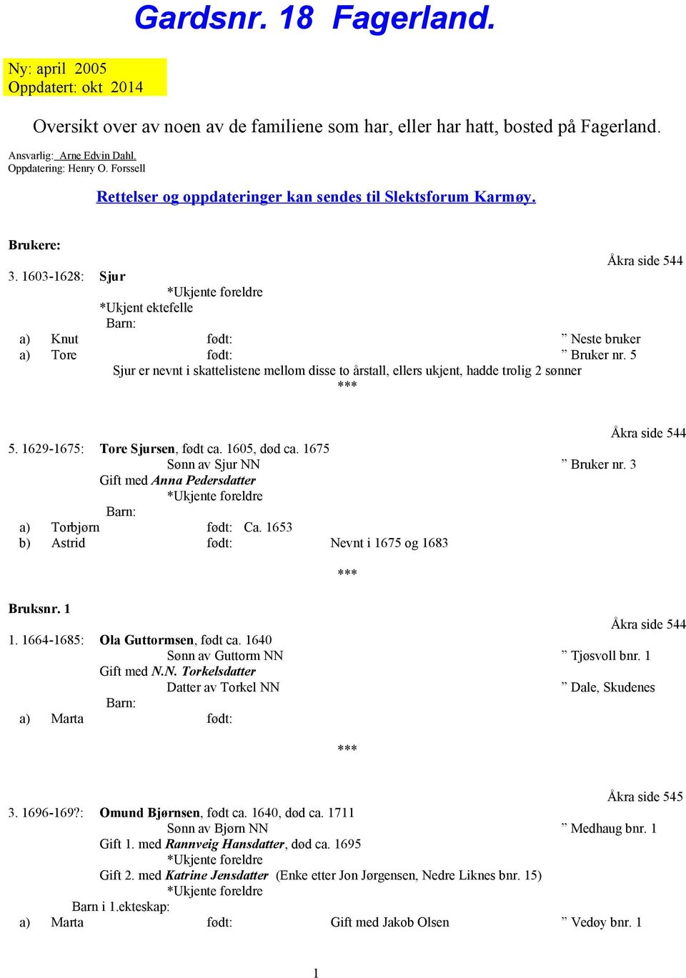 5 Sjur er nevnt i skattelistene mellom disse to årstall, ellers ukjent, hadde trolig 2 sønner Åkra side 544 5. 1629-1675: Tore Sjursen, født ca. 1605, død ca. 1675 Sønn av Sjur NN Bruker nr.