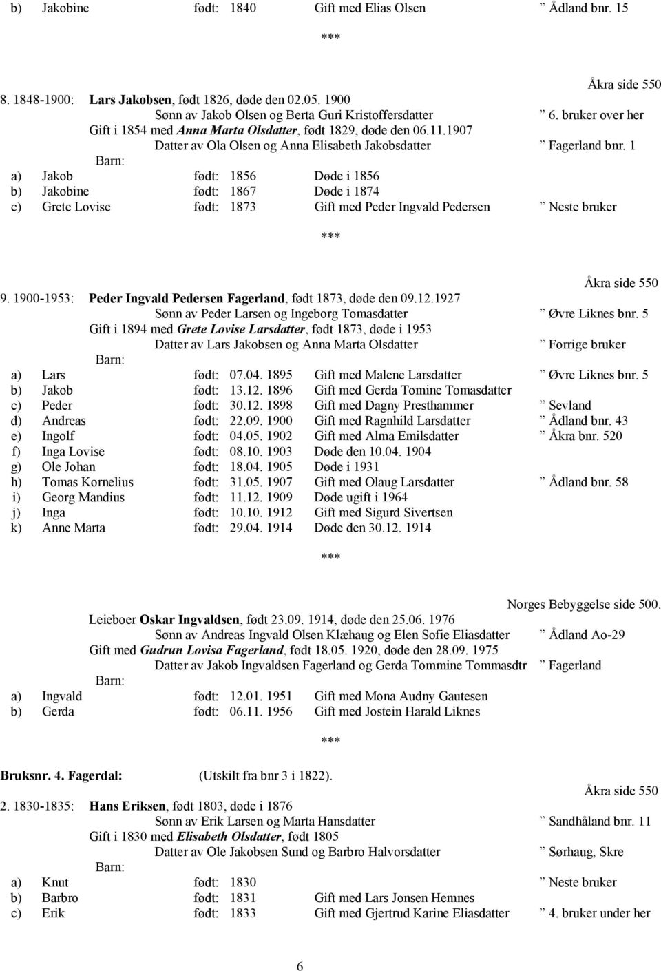 1 a) Jakob født: 1856 Døde i 1856 b) Jakobine født: 1867 Døde i 1874 c) Grete Lovise født: 1873 Gift med Peder Ingvald Pedersen Neste bruker Åkra side 550 9.
