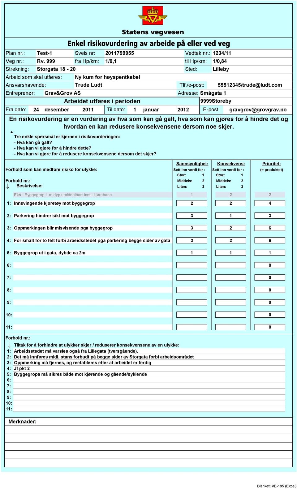 999 fra Hp/km: 1/,1 Strekning: Storgata 18-2 Arbeid som skal utføres: Ny kum for høyspentkabel Tlf./e-post: 55512345/trude@ludt.