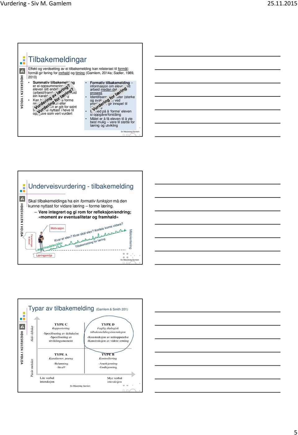 i høve til oppgåve som vert vurdert Formativ tilbakemelding informasjon om eleven sitt arbeid medan det er i prosess Identifiserer kvaliteter (sterke og svake sider) ved prestasjon, gir innspel til