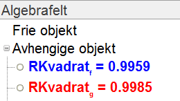 r = 0,8 r = 0,8 Figur 24 Figur 25 GeoGebra 4.0 kan også gi korrelasjonskoeffisienten for lister med punkt. Du skriver da inn Korrelasjonskoeffisient[ navn på liste ], og trykker Enter.