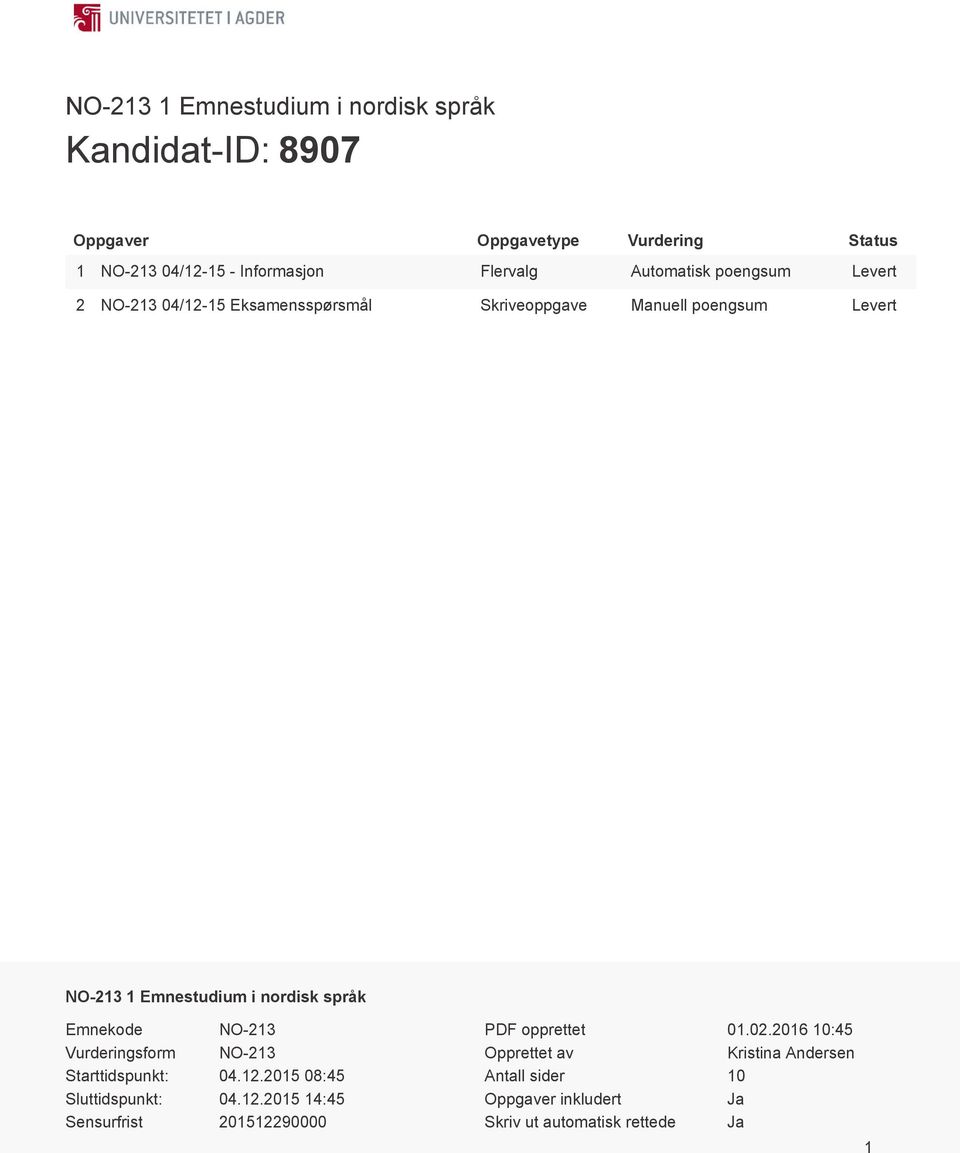 nordisk språk Emnekode NO-213 Vurderingsform NO-213 Starttidspunkt: 04.12.2015 08:45 Sluttidspunkt: 04.12.2015 14:45 Sensurfrist 201512290000 PDF opprettet 01.