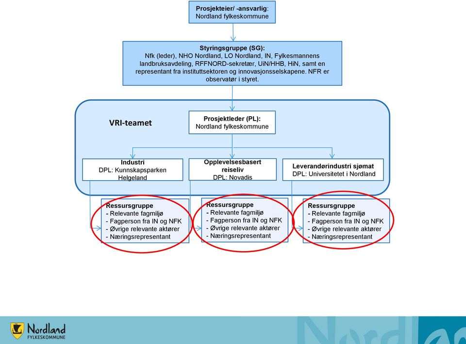 VRI-teamet Prosjektleder (PL): Nordland fylkeskommune Industri DPL: Kunnskapsparken Helgeland Opplevelsesbasert reiseliv DPL: Novadis Leverandørindustri sjømat DPL: Universitetet i Nordland