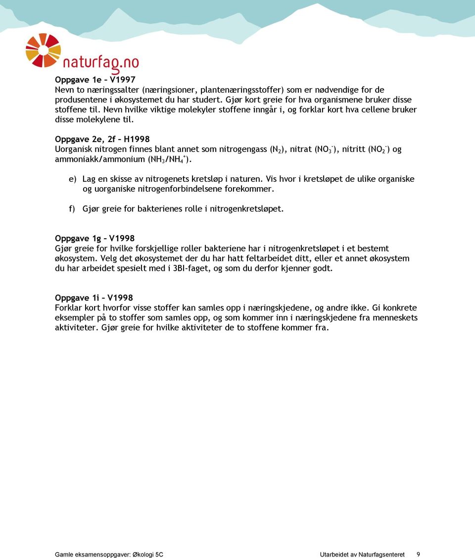 Oppgave 2e, 2f H1998 Uorganisk nitrogen finnes blant annet som nitrogengass (N 2 ), nitrat (NO 3 - ), nitritt (NO 2 - ) og ammoniakk/ammonium (NH 3 /NH 4 + ).