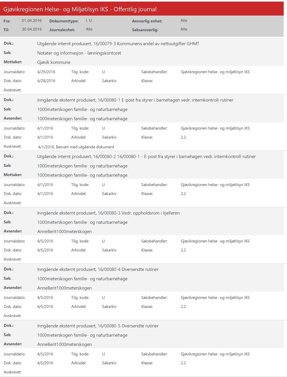 internkontroll-rutiner Journaldato: 4/1/216 Tilg. kode: 4/1/216 Inngående eksternt produsert, 16/8-3 Vedr. oppholdsrom i kjelleren AnneBerit1meterskogen Journaldato: 4/5/216 Tilg.