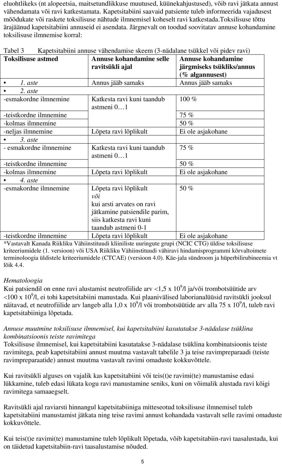 toksilisuse tõttu ärajäänud kapetsitabiini annuseid ei asendata.