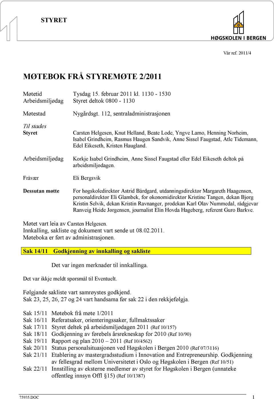 112, sentraladministrasjonen Carsten Helgesen, Knut Helland, Beate Lode, Yngve Lamo, Henning Norheim, Isabel Grindheim, Rasmus Haugen Sandvik, Anne Sissel Faugstad, Atle Tidemann, Edel Eikeseth,