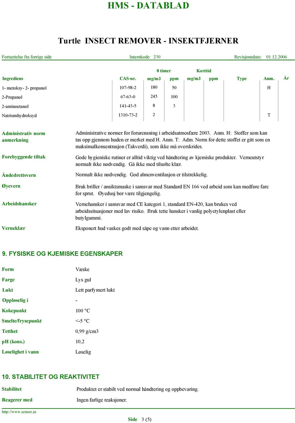 Åndedrettsvern Øyevern Arbeidshansker Verneklær Administrative normer for forurensning i arbeidsatmosfære 2003. Anm. H: Stoffer som kan tas opp gjennom huden er merket med H. Anm. T: Adm.