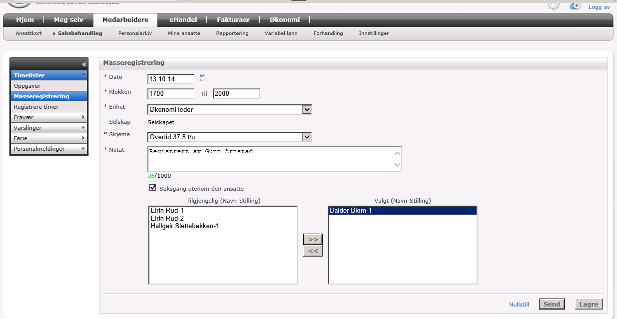 1.5.3 Masseregistrering Tilgang til å registrere for andre åpner også for muligheten til å masseregistrere timer.