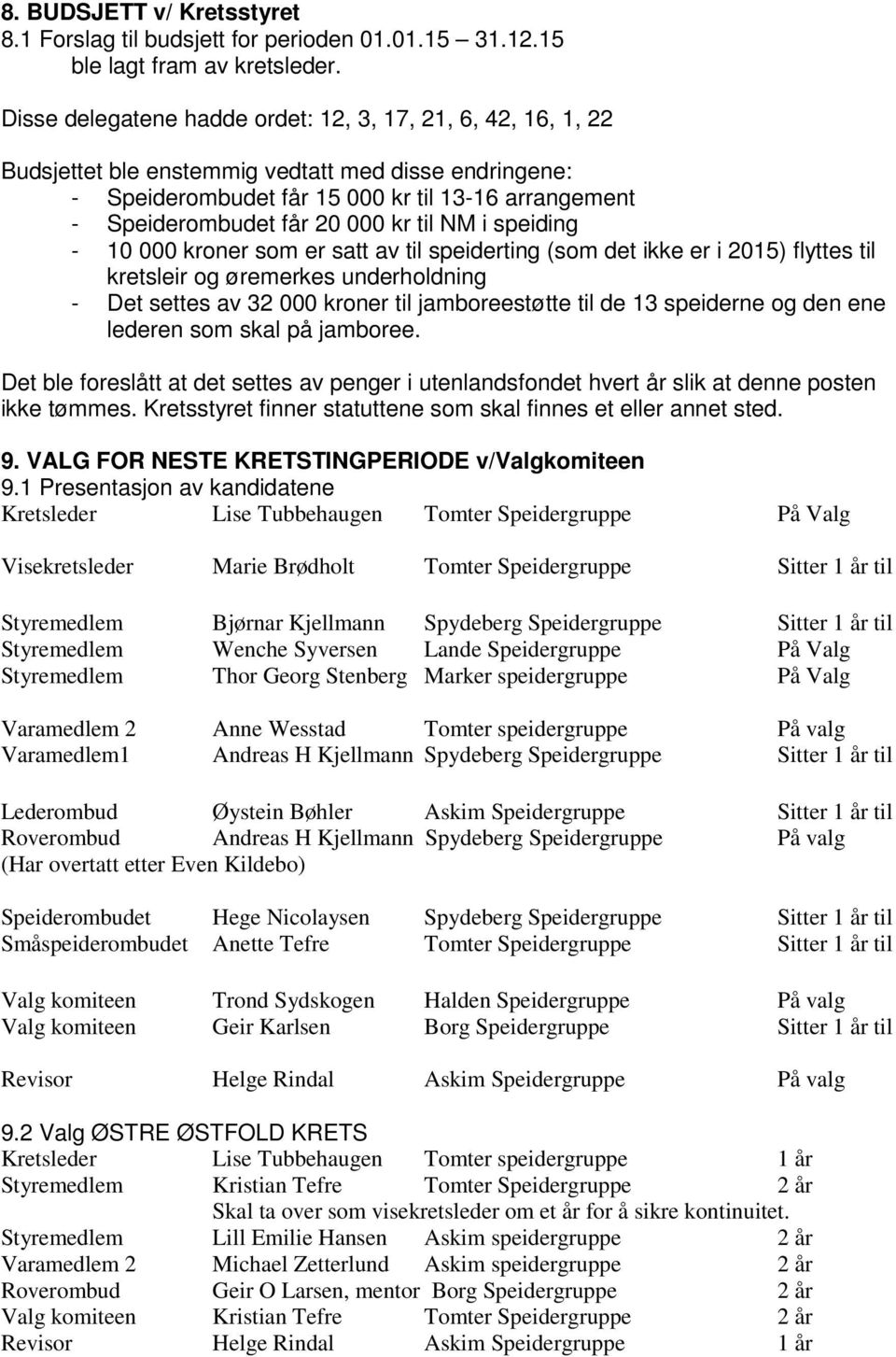 kr til NM i speiding - 10 000 kroner som er satt av til speiderting (som det ikke er i 2015) flyttes til kretsleir og øremerkes underholdning - Det settes av 32 000 kroner til jamboreestøtte til de