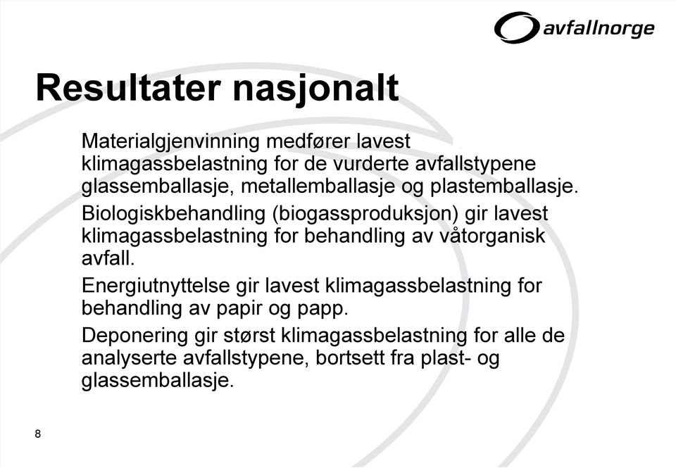 Biologiskbehandling (biogassproduksjon) gir lavest klimagassbelastning for behandling av våtorganisk avfall.