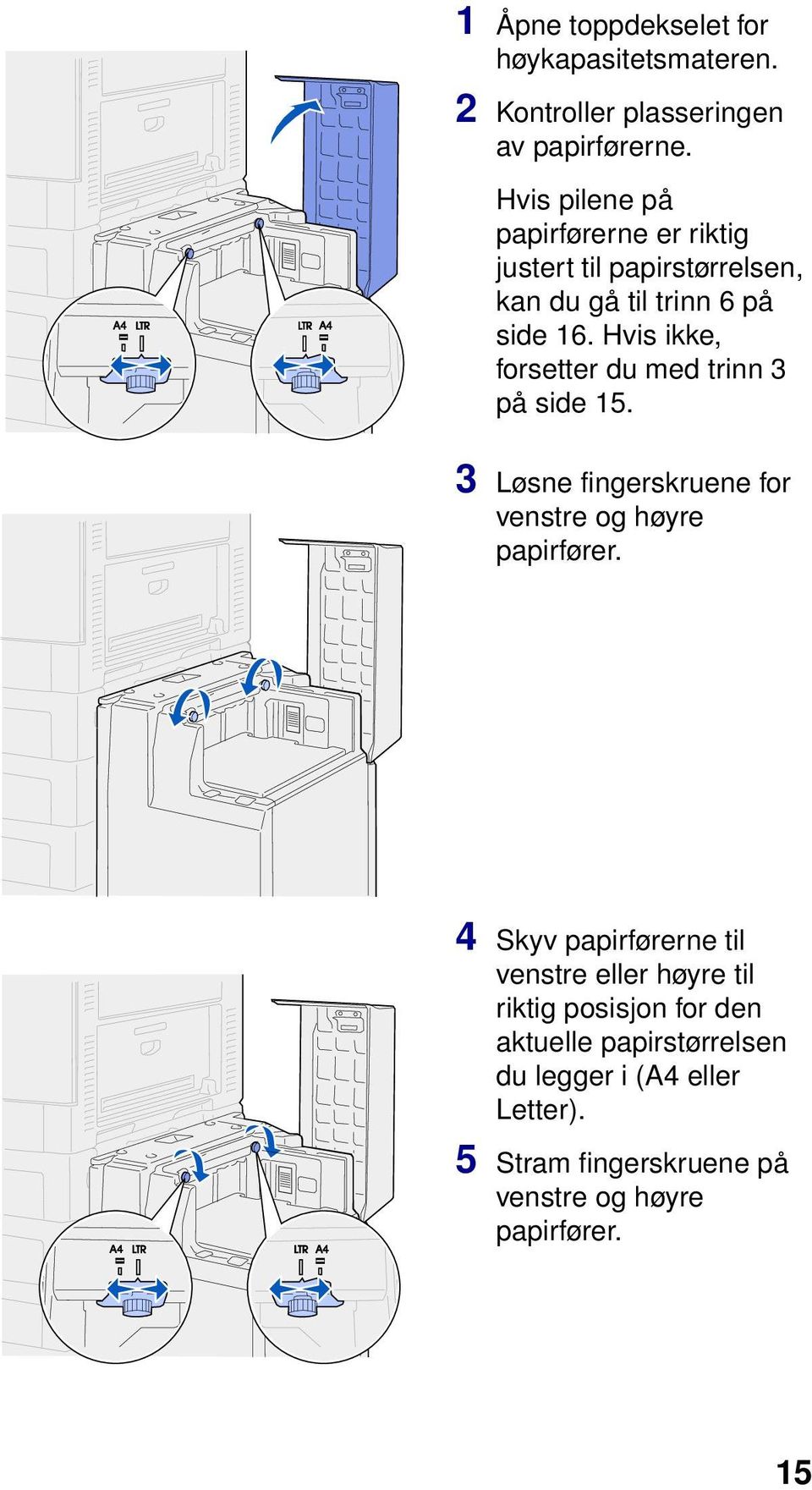 Hvis ikke, forsetter du med trinn 3 på side 15. 3 Løsne fingerskruene for venstre og høyre papirfører.