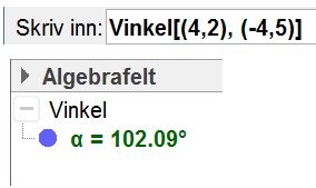 Vi finner vinkelen mellom AB og AC med kommndoen Vinkel[<vektor>,<vektor>] i grfikkfeltet. Vinkel A er 30,8. Vi finner vinkelen mellom BC og BA. Vinkel B er 10,1.