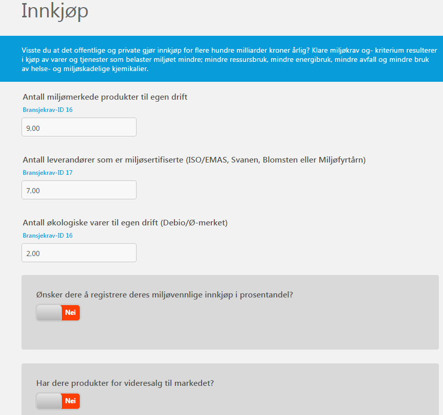 Innkjøp Virksomheten registrerer antall miljømerkede produkter og økologiske produkter til egen drift og antall miljøsertifiserte leverandører.