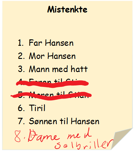 Nå ser lista slik ut: حاال لیست چنین به نظر میرسد: Når de våkner påskeaften, kommer Tiril og sier at påskeeggene også er borte. Guttene fortsetter å lete etter spor.