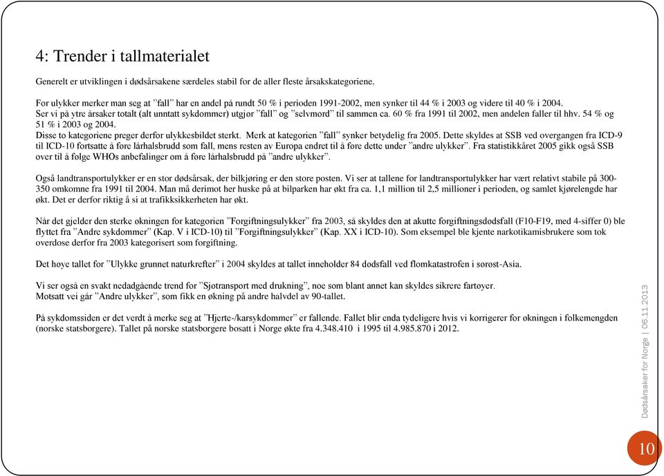 Ser vi på ytre årsaker totalt (alt unntatt sykdommer) utgjør fall og selvmord til sammen ca. 60 % fra 1991 til 2002, men andelen faller til hhv. 54 % og 51 % i 2003 og 2004.