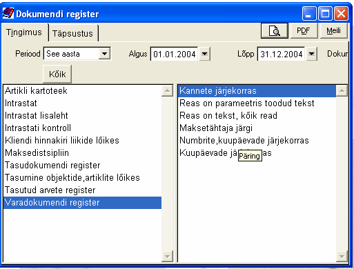 DEMO 22.07.2004 Kannete järjekorras Leht 1 Dokumendi register 2004 Arve Jrk. Number Kanne Kuupäev Käibemaksuta Käibemaks Summa Klient 1588 1167 20.01.2004 9000,00 9000,00 Agu Sieer 2592 1171 31.01.2004 200,00 200,00 Agu Sieer 2594 1173 06.