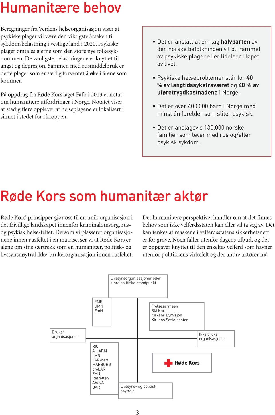 Sammen med rusmiddelbruk er dette plager som er særlig forventet å øke i årene som kommer. På oppdrag fra Røde Kors laget Fafo i 2013 et notat om humanitære utfordringer i Norge.