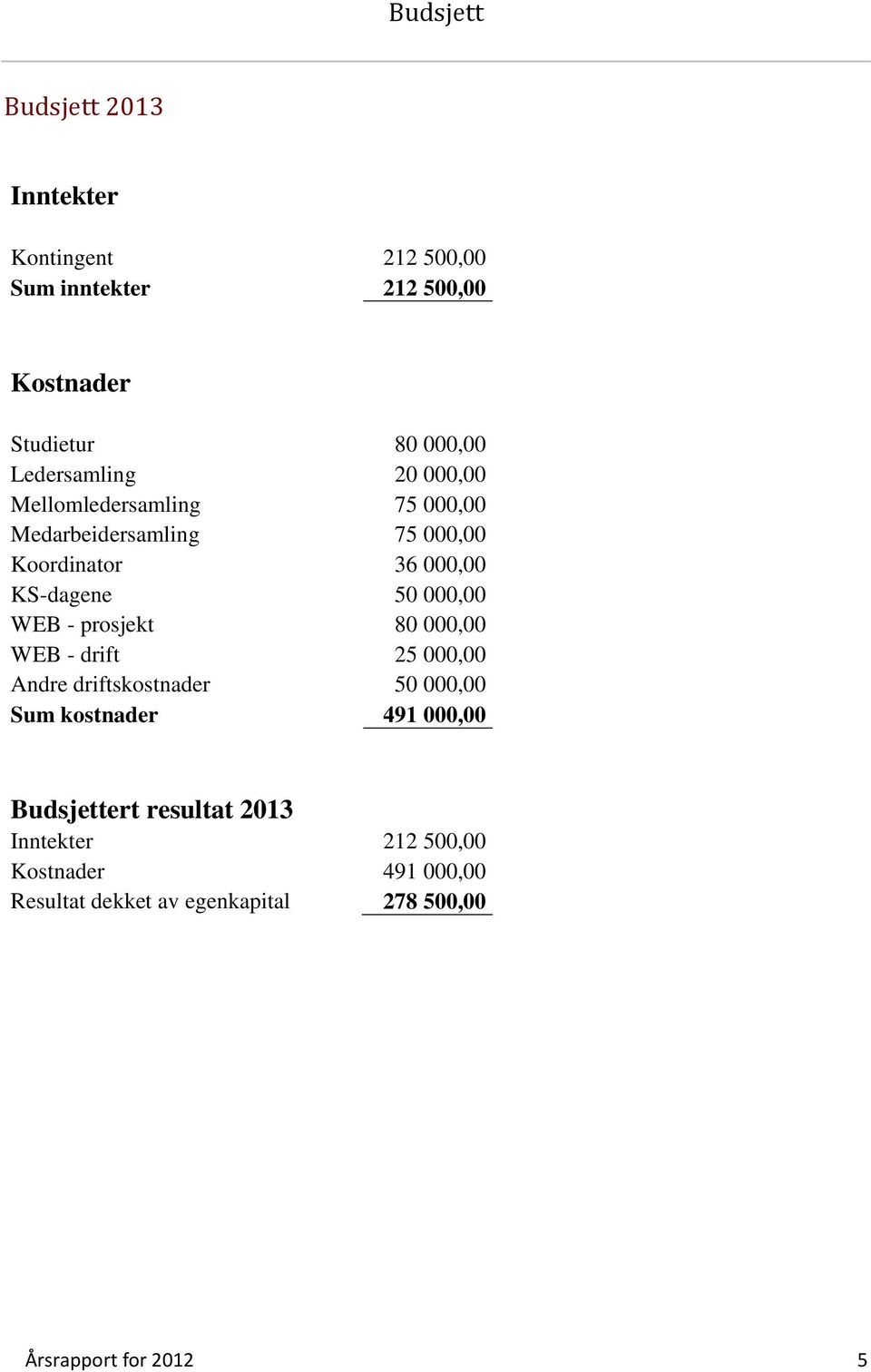 000,00 WEB - prosjekt 80 000,00 WEB - drift 25 000,00 Andre driftskostnader 50 000,00 Sum kostnader 491 000,00