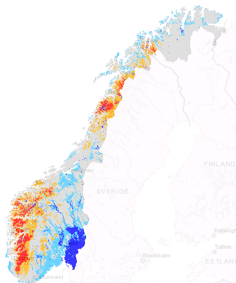 Grunn- og markvann 215 216 Kilde: NVE Kartene viser lagringsevne i mark- og grunnvannssonene i forhold til total metning for henholdsvis 31. mars 215 og 216.