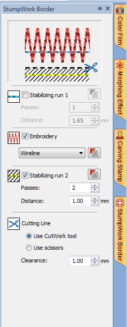 o Deaktiver Stabilizing run 1. o Aktiver Embroidery / Wireline. o Aktiver Stabilizing Run 2. o Velg "Use CutWork tool. Klikk på "Object Properties" på høyre siden av ståltråden.