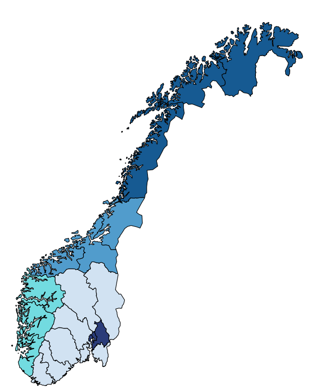 Kartet viser fylka i Noreg delt inn i 5 regionar. Regionane er brukt som utgangspunkt for å analysere netto pendlingsstraumar mellom Hordaland fylke og andre regionar i Noreg.