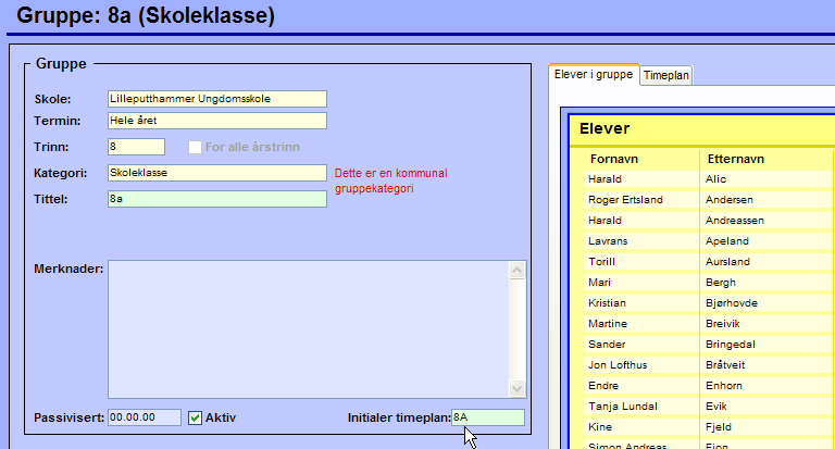 Skoleklassegruppenes initialer En forkortelse for skoleklassegruppene må overføres til VO Timeplan. VOS genererer et forslag automatisk, men du må gå i gjennom og se at det er forslag som vil fungere.