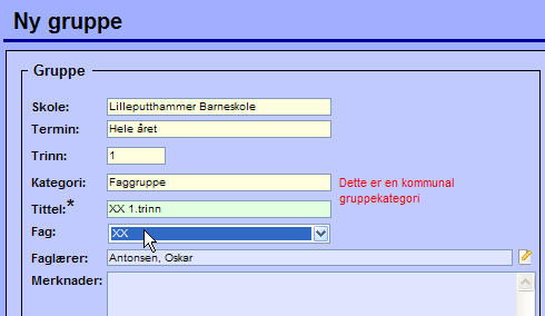 Opprett faggruppe for XX-faget. Fra Hovedmenyen, velg Grupper. Velg ny gruppe. Her inne velger du Trinn og kategori Faggruppe. Skriv inn tittel f. eks. XX 1.trinn. Velg faget XX.