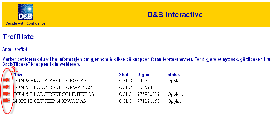 OPPDATERE PORTEFØLJE 1. Søk etter et bestemt foretak du ønsker å legge inn i overvåkingsporteføljen. Du kan søke på Foretaksnavn, Adresse, Postnr eller Telefonnr. Trykk på søk 2.