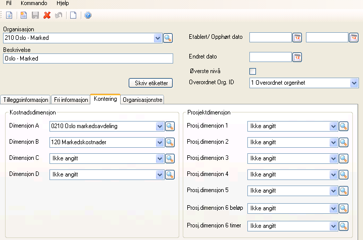 Ajourhold faste kartotek Organisasjon Kontering Kontering skrives til den faste transen for tjenesten ved generering. Alle dimensjoner kan være utfylt.