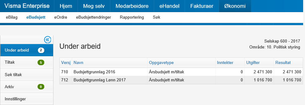 Tilgang til ebudsjett Visma Enterprise ebudsjett ligger på oppstartssiden.