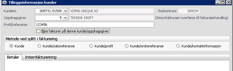 Profil: Feltet er mest relevant når det gjelder internfakturering. Feltet kan brukes som «match» i Fakturabehandlingssystemet. Feltet kan også brukes til å splitte fakturalinjer på flere fakturaer.