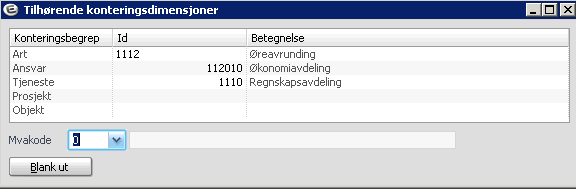 Fanen fakturainformasjon: Internkontering: Dersom du har lagt inn en «standardkontering» for alle internfakturaer på kombinasjonen av en kunde og en oppdragsgiver, kan du ved hjelp av denne knappen