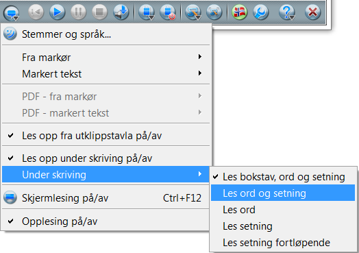Les opp under skrivning Les opp under skrivning slås på og av i Menyen opplesning. Åpne et dokument, f.eks. i Word. Skriv nå en tekst. De enkelte ordene leses opp når du taster mellomrom.