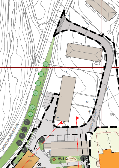 Alternativer for søppelsug/nedgravde containere Via stikkveg i nord med snuplass vest for blokka i Persaunvegen 52