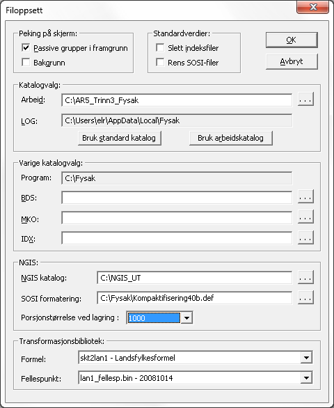 2. INNSTILLINGER Velg Fil Oppsett Skriv C:\NGIS_UT under NGIS katalog. Dette er rotkatalog hvor alle uttrekk fra NGIS blir lagt. Legg inn stien til Kompaktifisering40b.def under SOSI formatering.