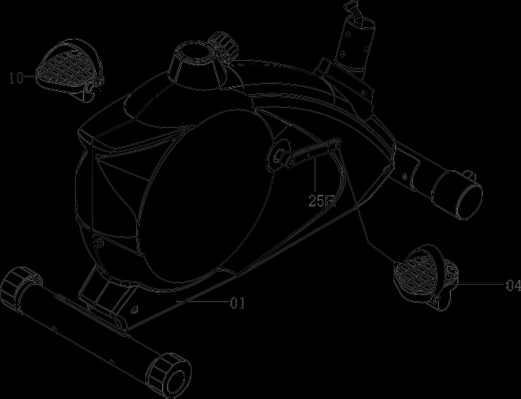 Steg 1 MONTERING Fest fremre stabilisator (05) til fremre del av hovedrammen (01) med to låsebolter (21), to kurvede skiver (15), og to kuppelmuttere (16).