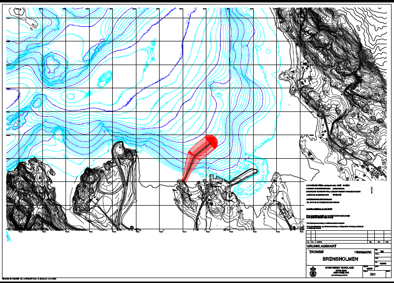 Figur 3.1 Kart over molo fra vest Kilde: Kystverket (2015). Dette alternativet medfører en ganske stor og kostbar molo, der molofoten på det dypeste vil nå ned til omtrent 18-20 meter.