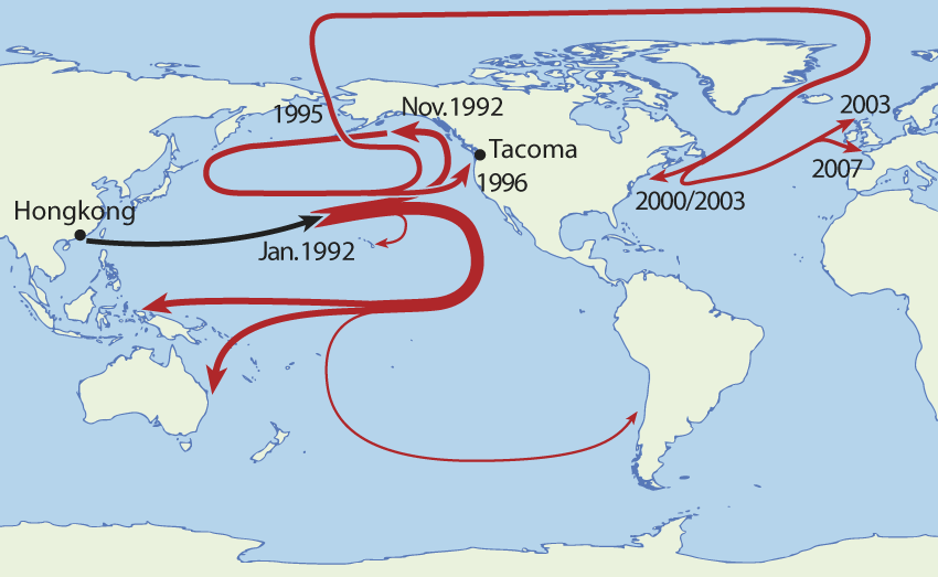 STRÅLEVERNRAPPORT 2015:17 Figur 3.2 Transportveier for badeender sluppet ut ved et uhell i Stillehavet i 1992 3.