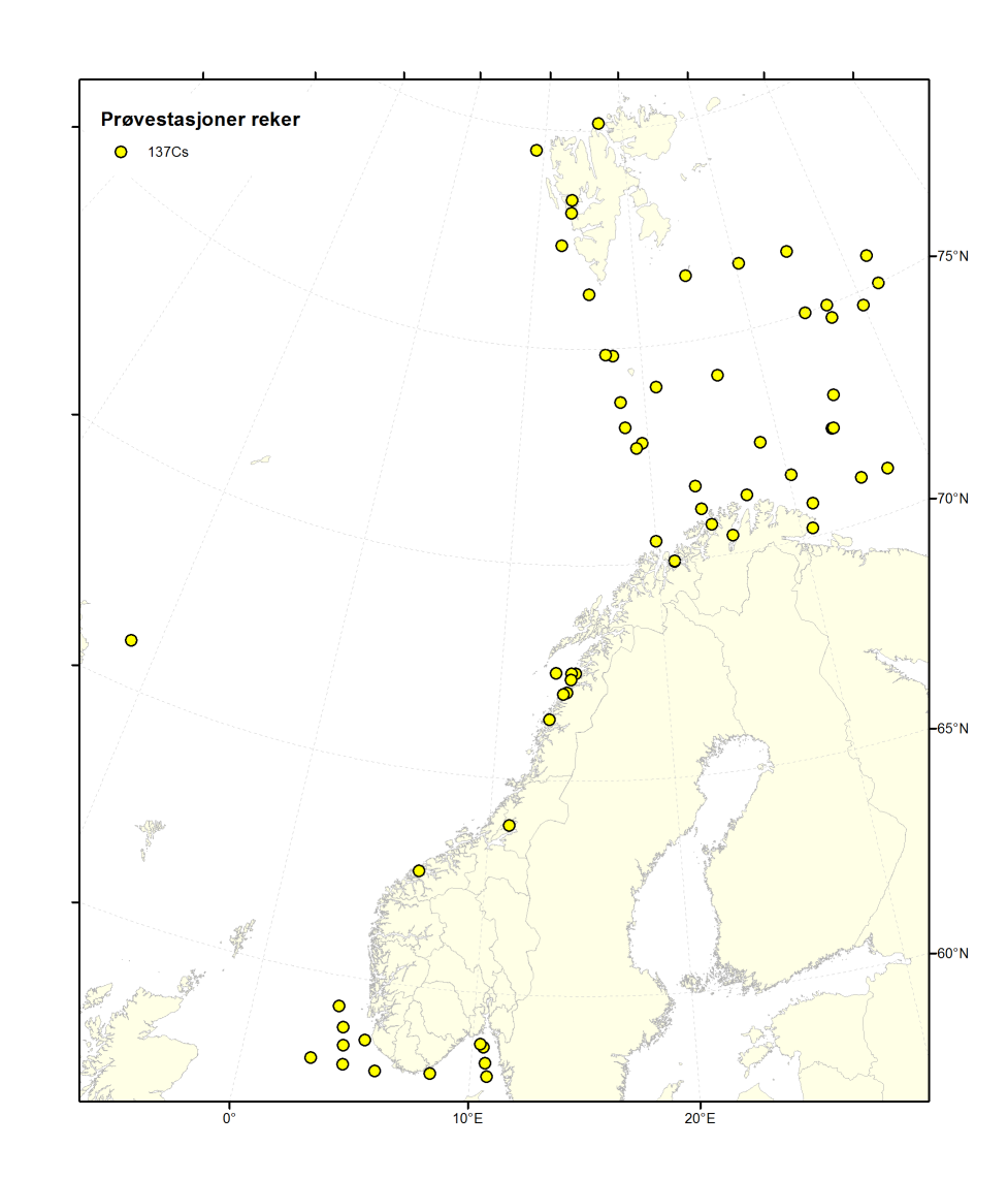 STRÅLEVERNRAPPORT 2015:17 Figur 5.1 Geografisk oversikt over lokaliteter for innsamling av prøver av reke i perioden 1993-2011.