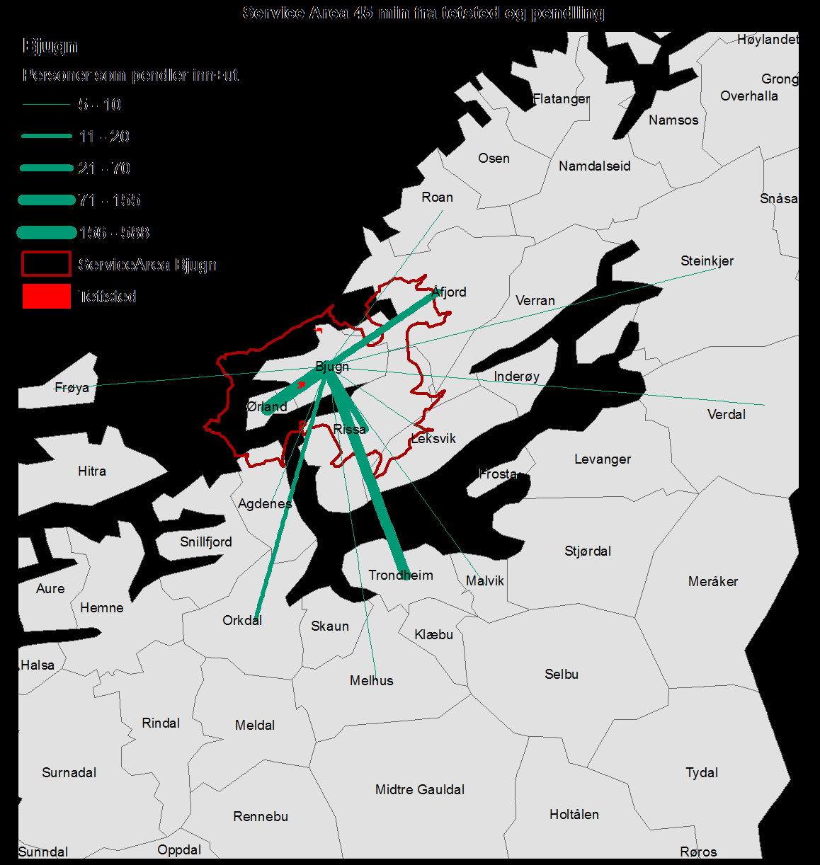 Kommune Pendling 1632 Roan 5 1653 Melhus 5 1721 Verdal 5 1702 Steinkjer 6 1620 Frøya 7 1622 Agdenes 8