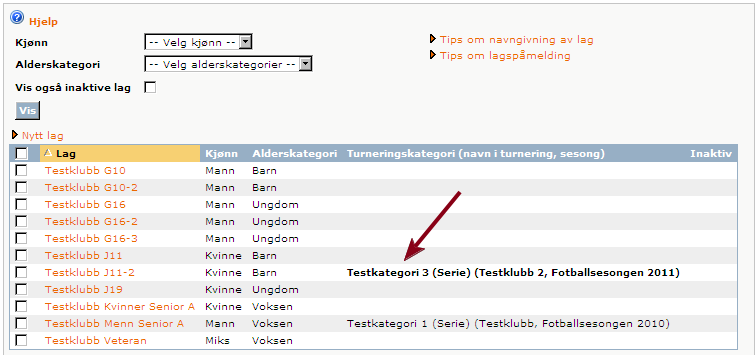 15. Legg til antilag Antilag er lag som man ikke ønsker skal spille samtidig som laget man melder på. 16. Klikk på Tilbake knappen for å se oversikt over lagets påmeldinger NB!